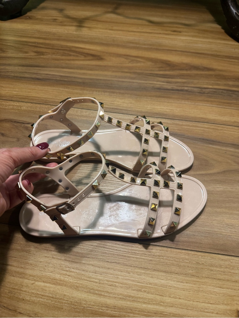 Charlotte Russe Beige Studded T-Strap Sandals